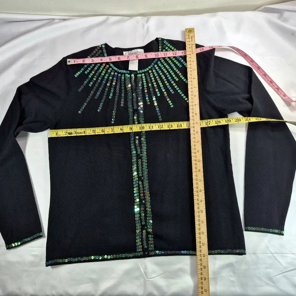 Dress Barn Black Sequin Cardigan Sweater Large Metallic Iridescent Button Up - Picture 7 of 12